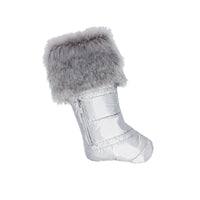 Matte Silver Puffer Christmas Stocking with Faux Fur